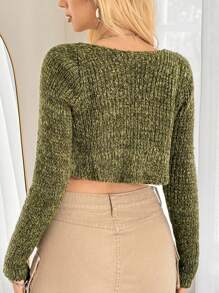 SHEIN ICON Women's Spring And Autumn Casual 
Fall 
Green Sweaters Blend Short Cardigan - Army Green - View 2