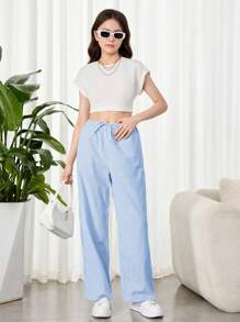 SHEIN 少女编织条纹蝴蝶结装饰松紧腰宽松休闲裤 - 藍色 - 查看 3