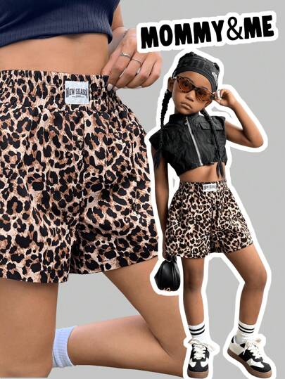 SHEIN NovaGlow 年轻女孩 年轻女孩编织宽松豹纹休闲短裤 夏装 母女装（2 件单独出售）豹纹短裤猎豹短裤豹纹短裤短裤街头服饰女孩豹纹