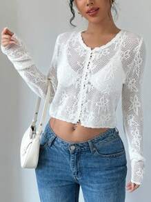 Chiquease Button Front Solid Long Sleeve  Crop Cardigan Fall Cloth For Women - White - View 6