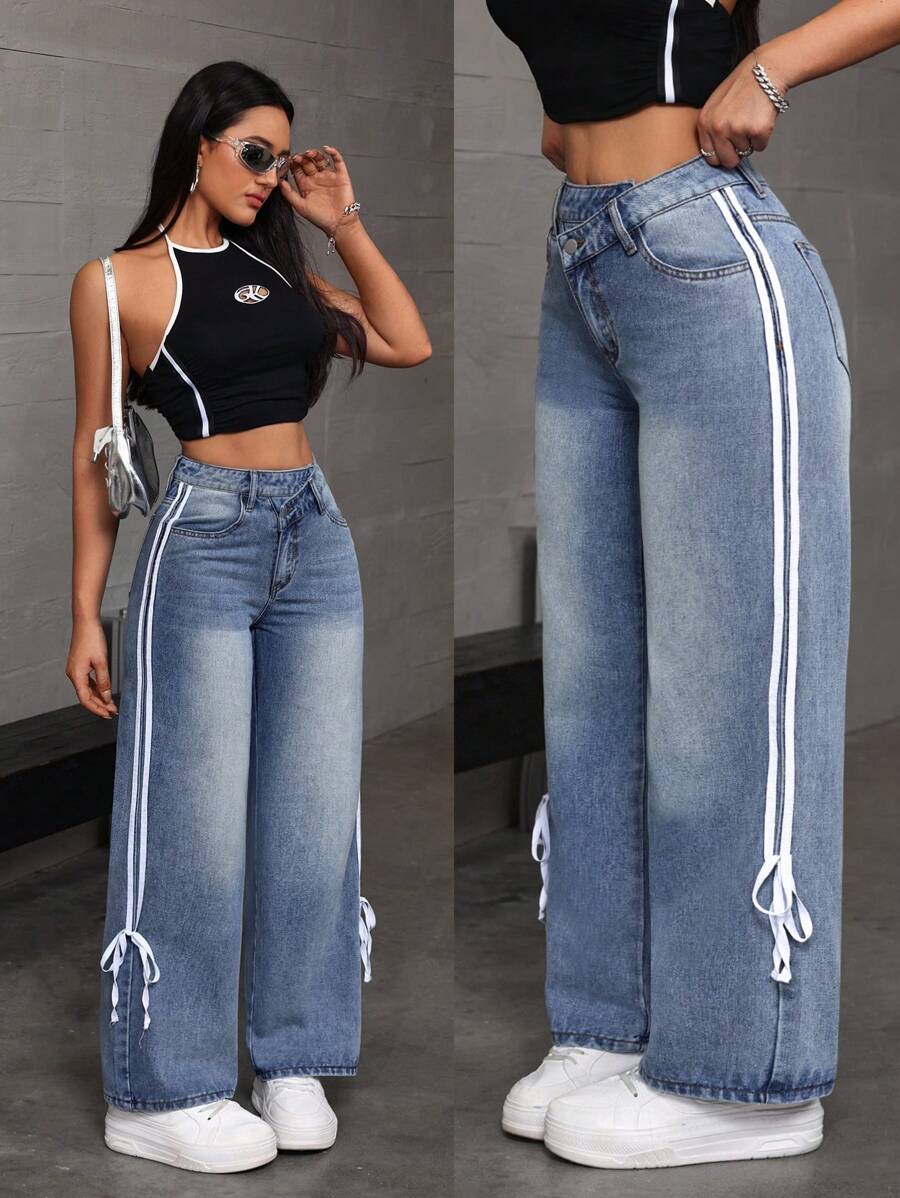 SHEIN EZwear Women's Front Button Striped Patchwork Denim Jeans, Casual Daily Wear - Blue - View 1