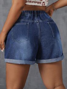 SHEIN EZwear Quần short denim viền cuộn có kích thước lớn, mùa hè - Màu xanh lam - Xem 2
