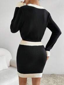 Chiquease 欧式休闲简约针织女式套头毛衣和迷你裙两件套，秋季