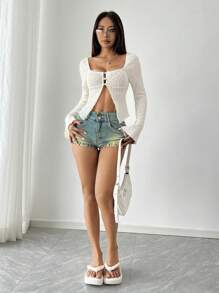 SHEIN Unity Áo thun nữ dài tay xẻ tà cổ điển gợi cảm màu trắng kiểu Pháp - Màu be - Xem 6