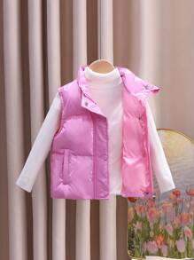 Girls' Reversible Quilted Vest With Zipper, Winter - Pink - View 3