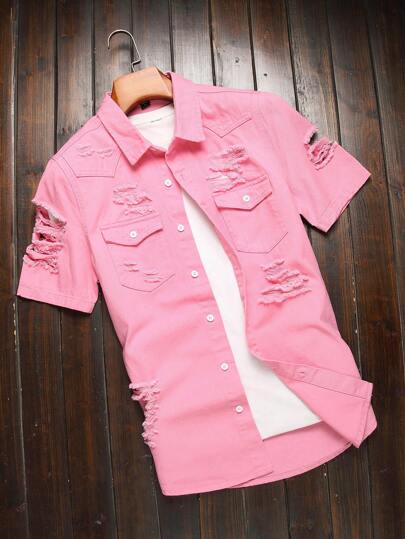 Manfinity Homme Camisa vaquera casual de manga corta con diseño rasgado y desgastado, estilo callejero para hombre