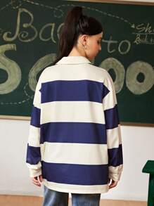 SHEIN Explorewe 青少女休閒條紋式撞色長袖緊身衣襯衫，有可摺疊領子，時尚百搭