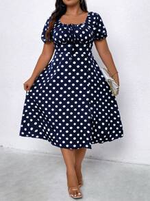 SHEIN Clasi Váy ngắn tay in họa tiết chấm bi cỡ lớn dành cho nữ - Màu xanh hải quân - Xem 4