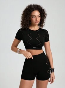 SHEIN Sports 女士纯色简约休闲短袖短裤运动套装健身女士套装 - 黑色 - 查看 5