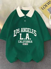 Manfinity Campus Court Men's Color Block Printed Collar Short Sleeve Polo Shirt - Dark Green - View 1