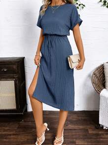 SHEIN Clasi Summer Military Green Textured Tie-Waist Short Sleeve Dress For Women