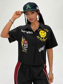 Coolane Áo sơ mi ngắn tay in họa tiết Graffiti dành cho nữ - màu đen - Xem 3