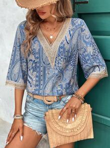 EMERY ROSE Women Floral Print Lace Splice V-Neck Loose Casual Shirt For Summer Holiday