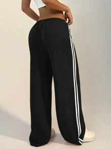 Flirla 女士抽绳侧条纹直筒休闲运动户外时尚长裤 - 黑色 - 查看 2