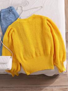 CosyJoli Suéter de punto de jacquard amarillo de manga farol, de cuello redondo y manga larga, elegante estilo universitario, para invierno. Suéter de invierno para adolescentes