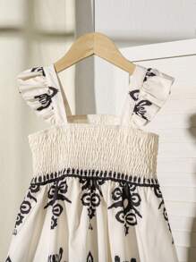 SHEIN Young Girl Flounce Trim Sleeved Dress, Young Girl Summer Holiday & Casual Wear - Apricot - View 3