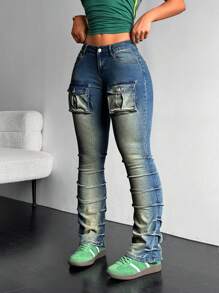 SHEIN ICON Women's Faded Simple Casual Pocket Jeans - Blue - View 2