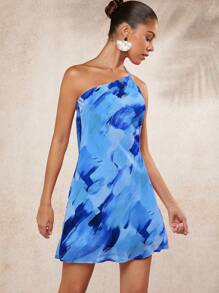 L'Amorae Brush Print Draped Open Back Dress - Blue - View 4