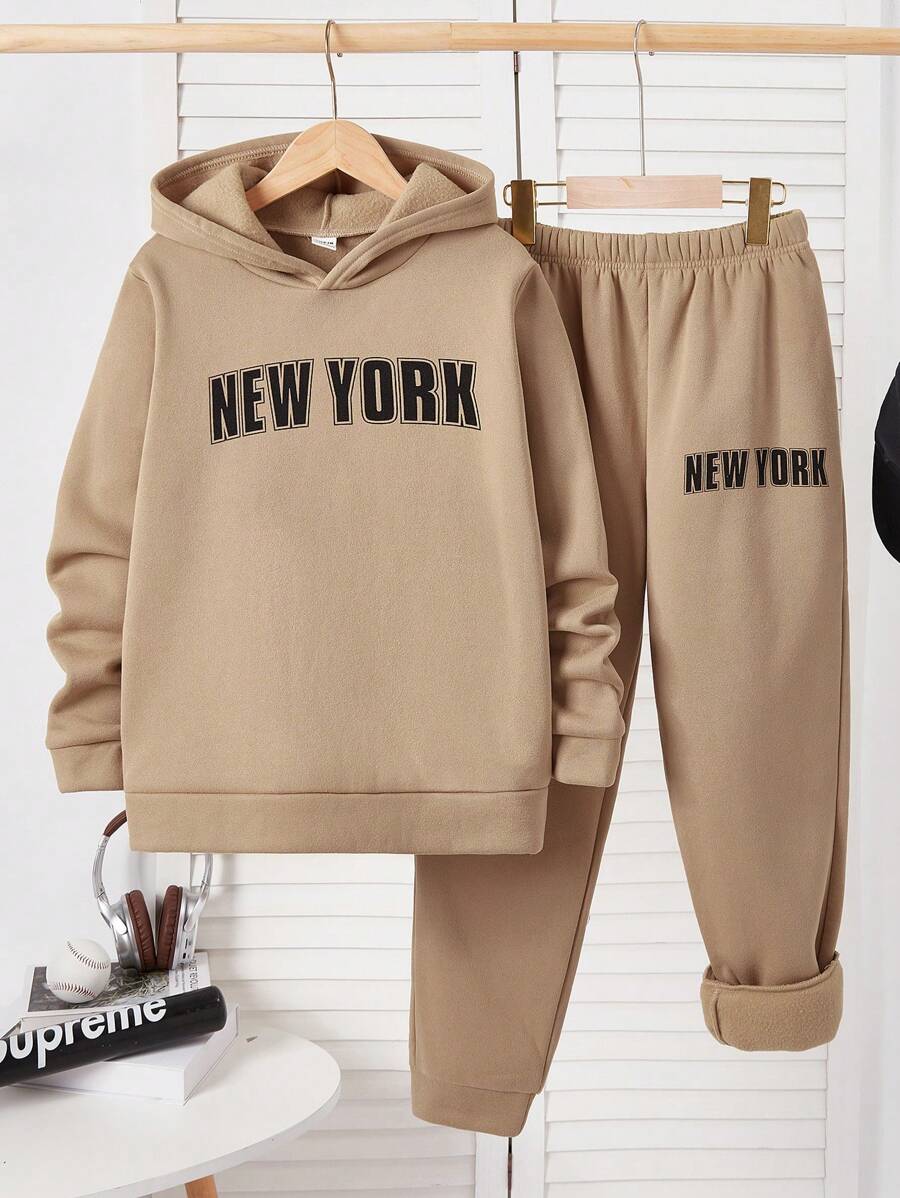 SHEIN 2pcs Tween Boy Letter Print Sweatshirt And Sweatpants Set, Casual Sportswear, Fleece, Thickened - Black - View 1