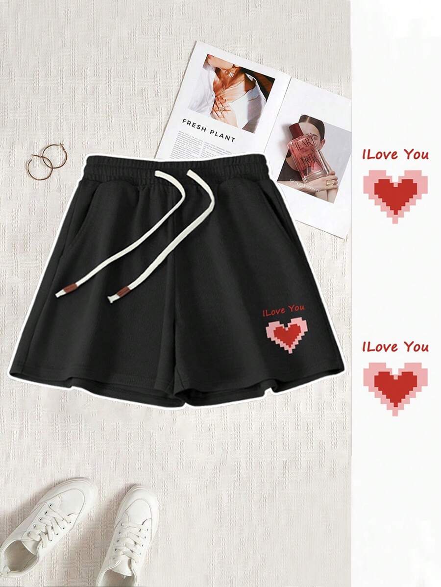 Flirla Quần short in hình trái tim buộc dây phía trước cỡ lớn - màu đen - Xem 1