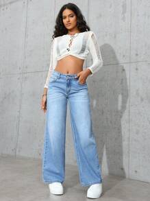 SHEIN PETITE 女士纯色基本款日常牛仔裤 - 淺色水洗藍 - 查看 2