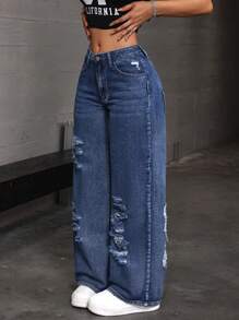 SHEIN ICON Quần Jeans ống suông dáng rộng cho nữ có túi - Màu xanh lam - Xem 5