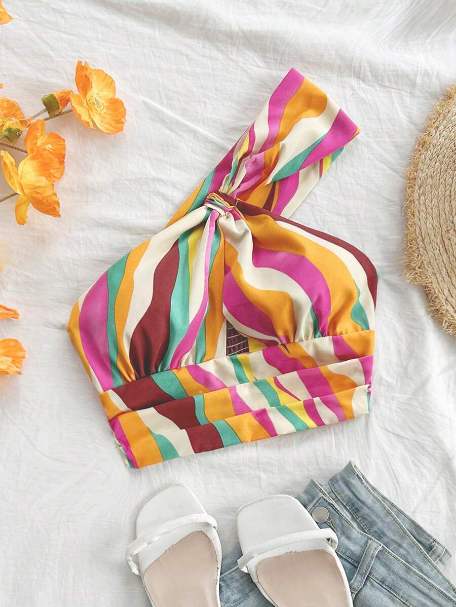 Soleia WYWH Women's Striped One-Shoulder Vacation Top, Hollow-Out Neckline, Summer Outfit, Crop Top