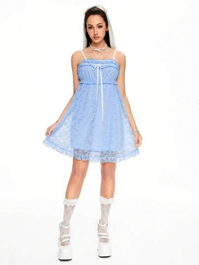 Kawaii Women's Spaghetti Strap Backless Tied Contrast Lace Elegant Sweet Babydoll Dress