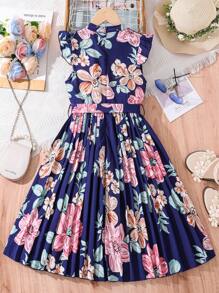 Floral Print Belted Round Neck Pleated Dress For Teen Girls - Blue - View 2
