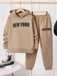 SHEIN 2pcs Tween Boy Letter Print Sweatshirt And Sweatpants Set, Casual Sportswear, Fleece, Thickened - Black - View 4