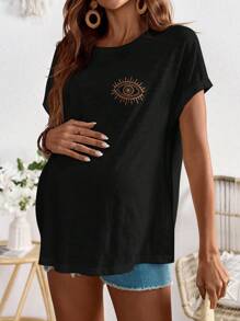 SHEIN Maternity Casual Eye Embroidered T-Shirt For Holiday - Black - View 3