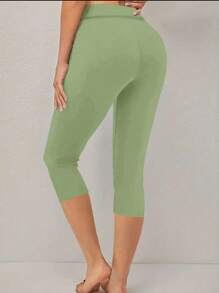 SHEIN LUNE Quần legging thể thao đơn giản viền ren màu trơn cho nữ - Màu xanh Bạc hà - Xem 2