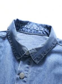 Girls Preppy Street Button Front Denim Shirt Dress With Elastic Waist, Girls Must-Have Back To School Item - Light Wash - View 3