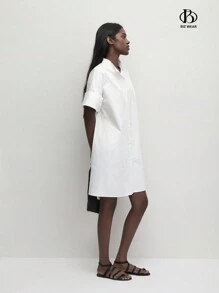 BizChic 女士春夏款休閒純棉白色襯衫連衣裙，立領寬鬆版型前鈕