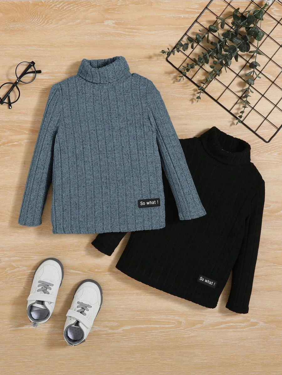 SHEIN 2pcs Young Boy's Turtleneck Long Sleeve Knitted Top Set, Two-Tone - Blue - View 1