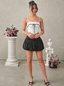 L'Amorae Women's Leather Top With Lace And Bow