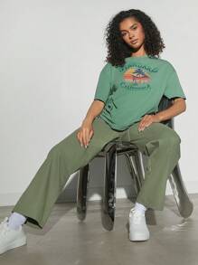 Hauture 翻盖口袋褶皱阔腿裤 - 橄欖綠 - 查看 2