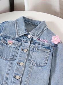 Girls' Cute Embroidered Floral Bear Denim Jacket And Ruffle Hem Pants Set, Autumn/Winter - Medium Wash - View 3