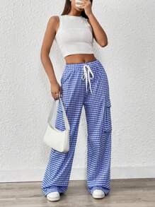 SHEIN Unity Women's Straight-Legged Pants With Checkered Tied Belt Fall Cloth For Women - Blue - View 4