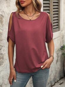 Calvaya Camiseta de verano casual de mujer con cuello redondo de unicolor y hombros abiertos - Color caoba - Ver 3