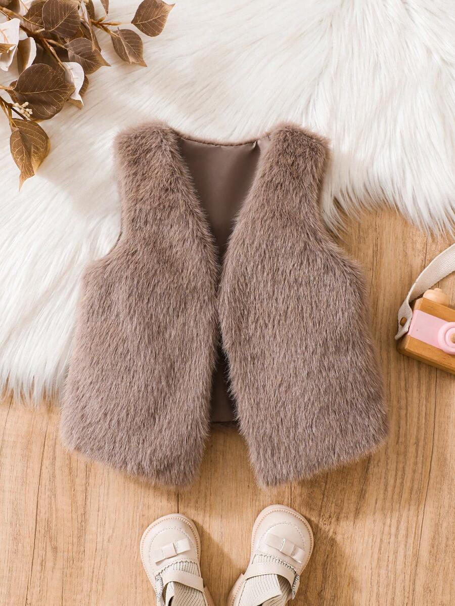 SHEIN Fluffy Sleeveless Jacket For Young Girls Elegant - Grey - View 1