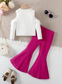 2 piezas/set de pantalones acampanados y blusa de manga corta con hombros abiertos y dobladillo con volantes para niñas pequeñas - Blanco - Ver 2
