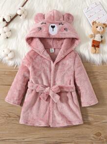 SHEIN 女婴可爱舒适卡通刺绣连帽浴袍带可拆卸腰带，秋冬