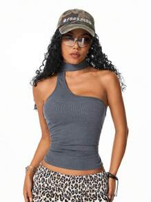 Muchica 女士 Y2K 派对时尚休闲音乐节狂欢音乐会针织系带挂脖背心 - 深灰色 - 查看 3