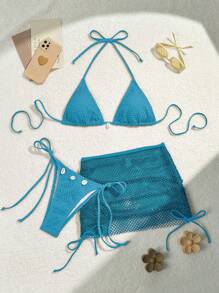 Swim Vcay Conjunto De Traje De Baño De Rejilla Liso De Playa De Verano Para Mujer De 3 Piezas