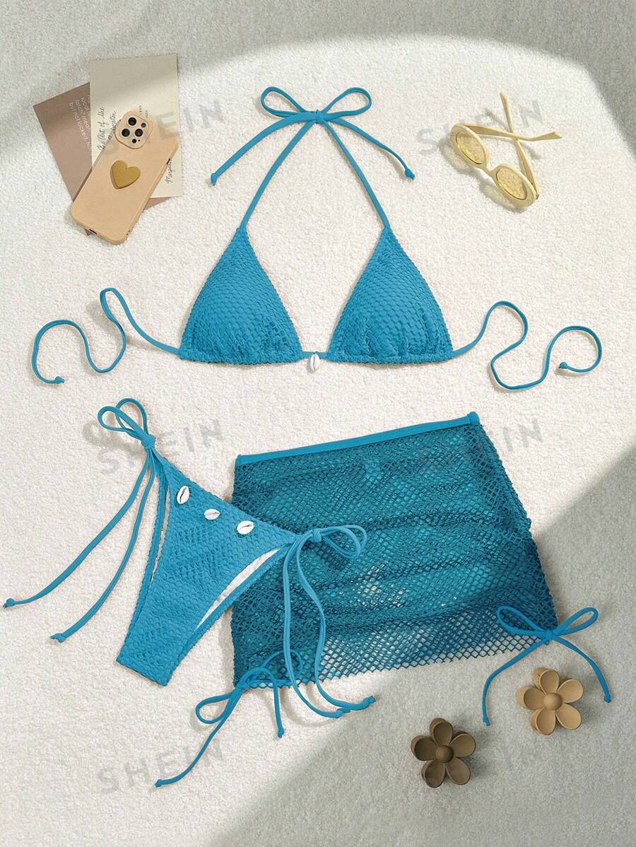Swim Vcay Conjunto De Traje De Baño De Rejilla Liso De Playa De Verano Para Mujer De 3 Piezas