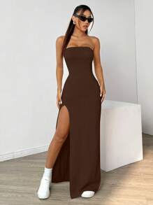 SHEIN EZwear Vestido elegante de diseño minimalista de color liso, sin tirantes y sin espalda con abertura para mujer