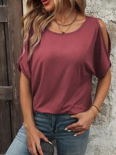 Calvaya Women's Round Neck Solid Color Open Shoulder Casual Summer T-Shirt