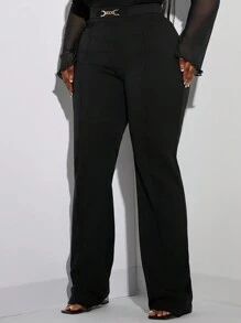 SHEIN SXY Plus Size High Waist Solid Color Simple Straight Leg Casual Pants - Black - View 5