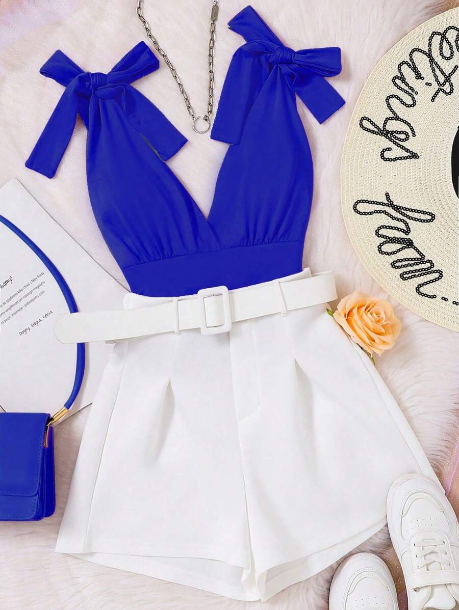 SHEIN Bộ 2 bộ quần short có thắt lưng và áo thường ngày có dây buộc màu trơn dành cho bé gái (lớn) - Màu xanh lam - Xem 1